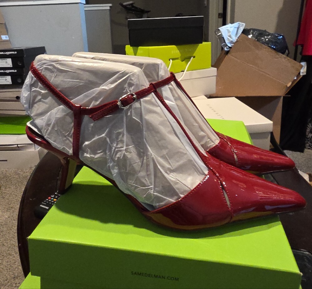 Sam Edelman Red Patent Leather T-Strap Pointed Flats - Picture 9 of 12